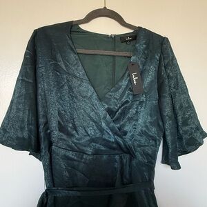 Lulus Wrapped Up In Love Dark Green Satin Faux-Wrap Midi Dress